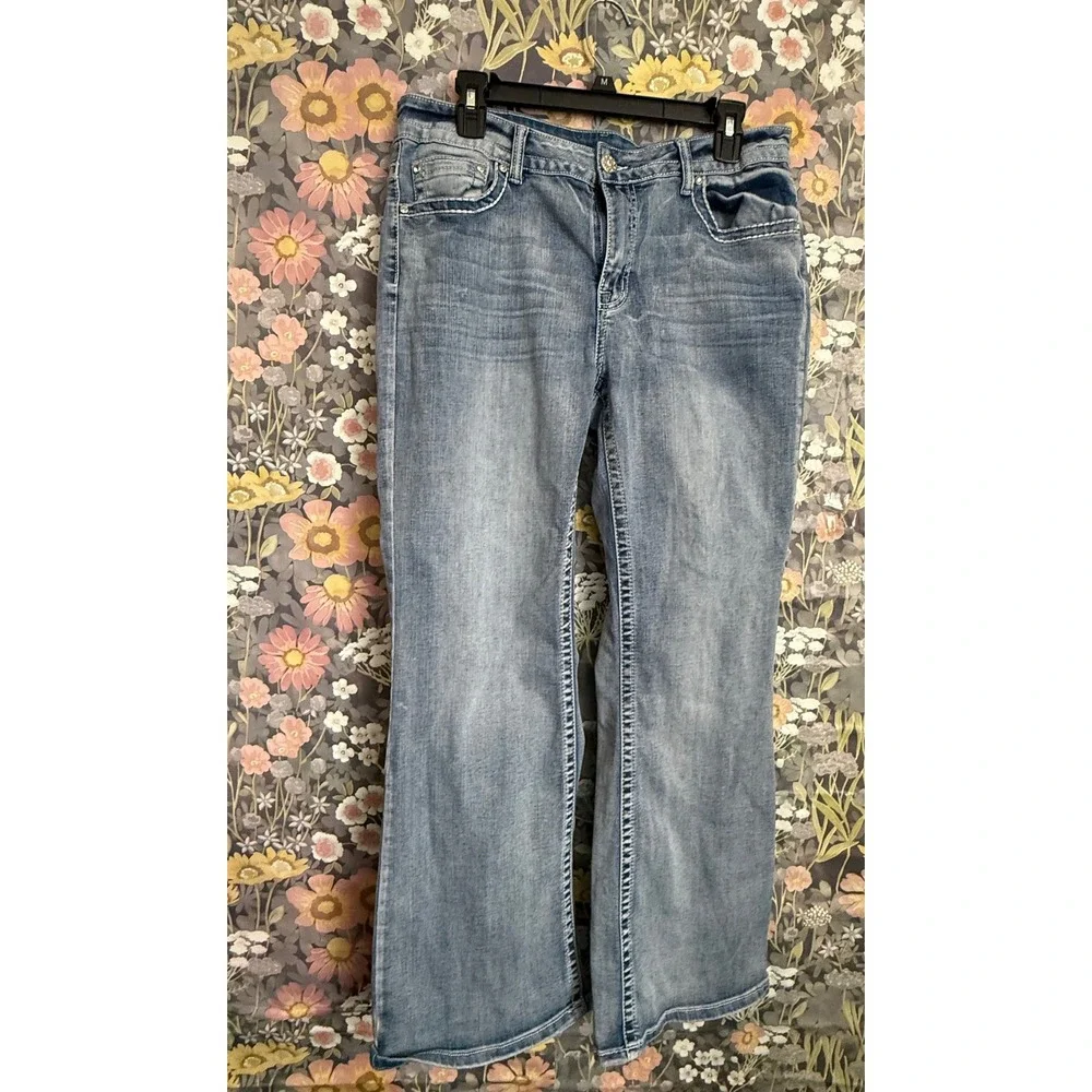 Womens Embellished Bootcut Jeans Light Wash Rhinestone Wings Size M